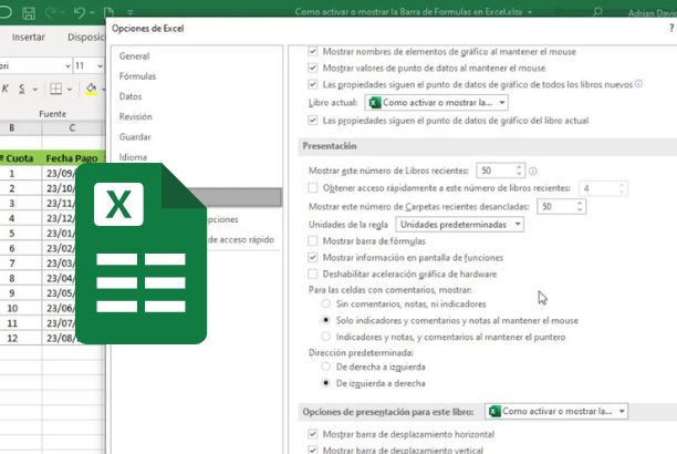 ALT: Hoja de Excel con fórmulas activas y gráficos de barras visibles