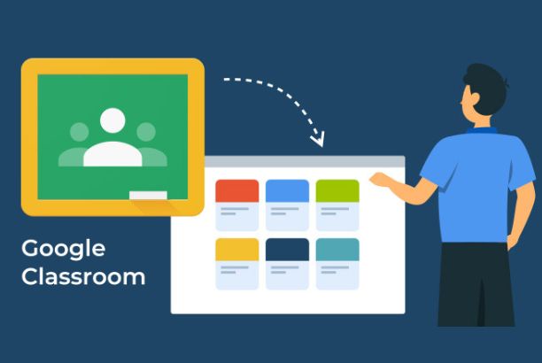alt="Ilustración de un docente frente a la interfaz de Google Classroom, con el logotipo de la plataforma y varias clases virtuales organizadas por colores."