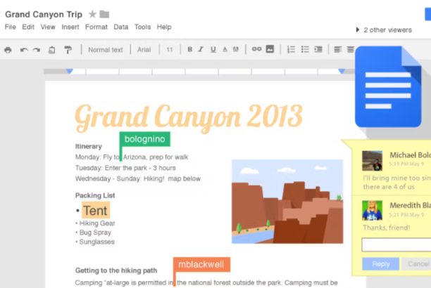 alt="Interfaz de Google Docs con un documento colaborativo sobre un viaje al Gran Cañón, que muestra comentarios y herramientas de edición."
